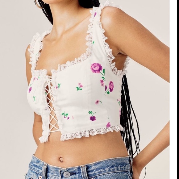 For Love And Lemons Tops - For Love & Lemons Corset Crop Top Lace Up Floral Cottage White Dainty